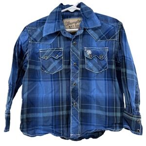 Wrangler Retro Kids‎ Blue Plaid Long Sleeve Western Snap Shirt Size XS 3-4